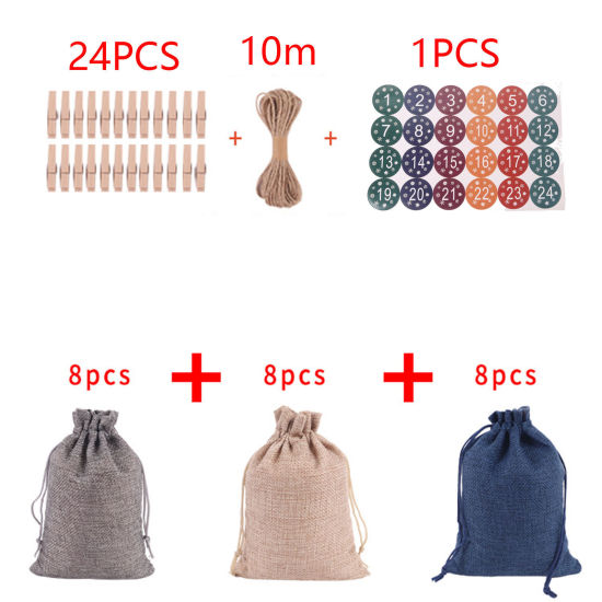 Picture of Cotton & Linen Christmas Drawstring Bags DIY Set Mixed Color Number Stickers 14cm x 10cm, 1 Set ( 24 PCs/Set)