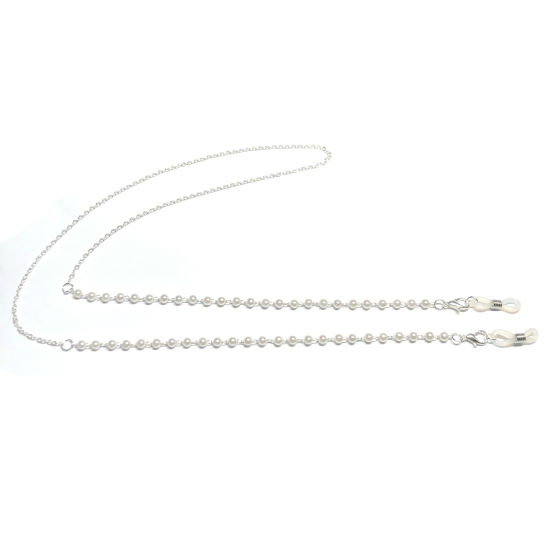 Bild von Gesichtsmaske und Brille Halsriemen Lariat Lanyard Halskette Silberfarbe Weiß Imitat Perle 70cm, 1 Strang