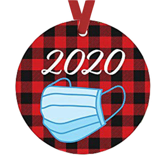 Picture of PET Christmas Hanging Decoration Red Mask Grid Checker Message " 2020 " 10cm Dia., 1 Piece