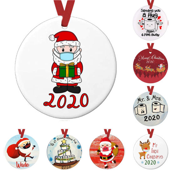 Picture of PET Christmas Hanging Decoration Red Mask Grid Checker Message " 2020 " 10cm Dia., 1 Piece