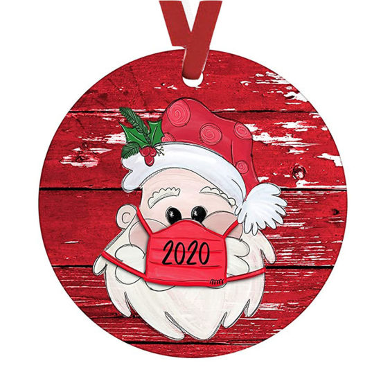 Picture of PET Hanging Decoration Red Christmas Santa Claus Wear Mask Message " 2020 " 10cm Dia., 1 Piece