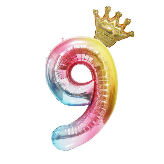 Изображение Алюминиевая фольга Воздушный шар Разноцветный Корона Цифры Узор Сообщение " 9 " 134см, 1 Комплект