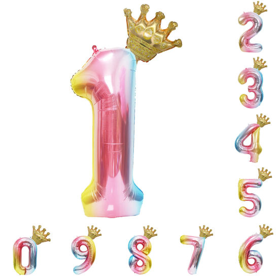 Изображение Алюминиевая фольга Воздушный шар Разноцветный Корона Цифры Узор Сообщение " 9 " 134см, 1 Комплект