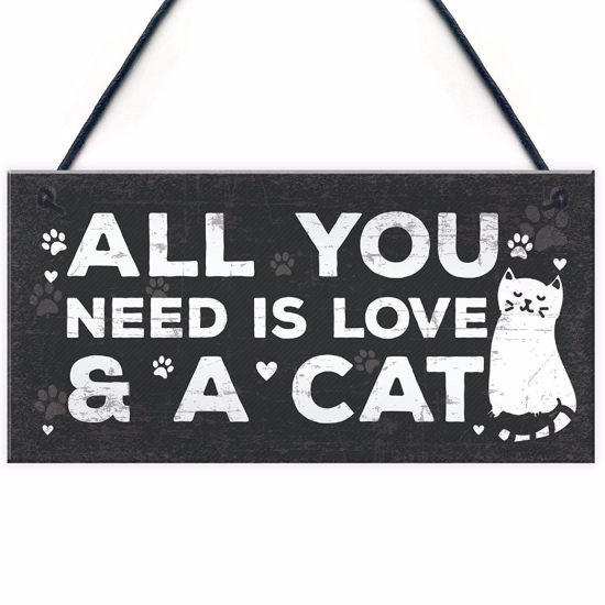 ウッド クリスマス ストラップ 黒 長方形 猫 文字 " All You Need Is Love & A Cat " 20cm x 10cm、 1 着 の画像