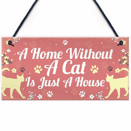 Bild von Holz Weihnachten Hänge Dekoration Hellrosa Rechteck Katze Message " A Home Without Cat Is Just A House " 20cm x 10cm, 1 Stück