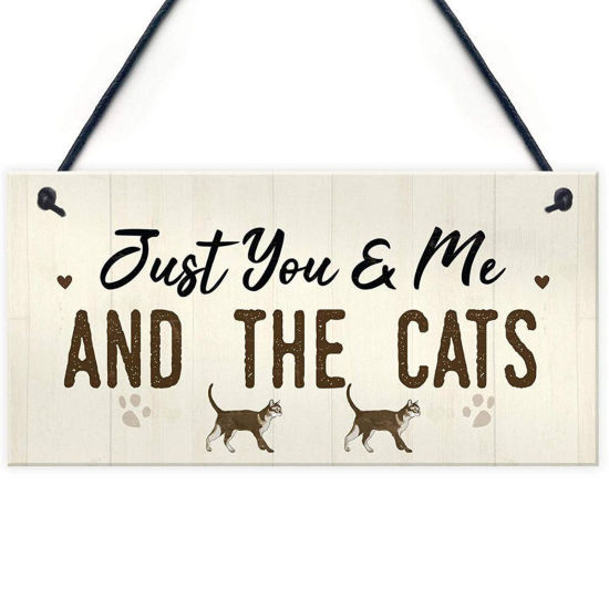 ウッド クリスマス ストラップ 乳白色 長方形 猫 文字 " Just You & Me And The Cats " 20cm x 10cm、 1 着 の画像