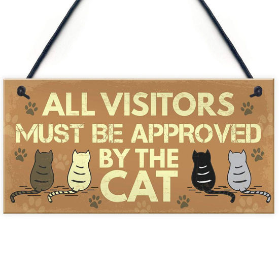 ウッド クリスマス ストラップ ブラウンイエロー 長方形 猫 文字 " All Visitors Must Be Approved By The Cat " 20cm x 10cm、 1 着 の画像