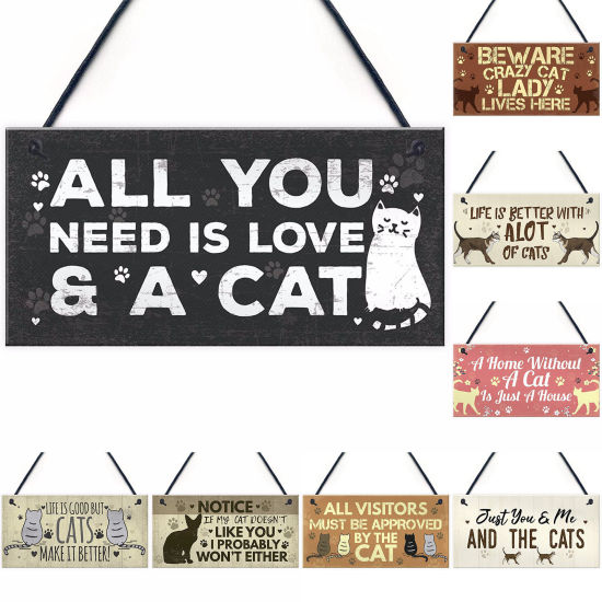 Picture of Wood Christmas Hanging Decoration Brown Yellow Rectangle Cat Message " All Visitors Must Be Approved By The Cat " 20cm x 10cm, 1 Piece