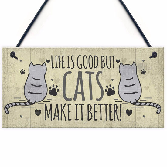 ウッド クリスマス ストラップ ベージュ色 長方形 猫 文字 " Life Is Good But Cats Make It Better " 20cm x 10cm、 1 着 の画像