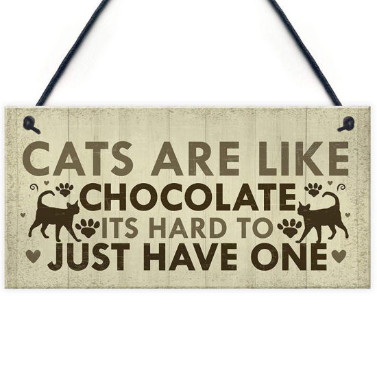 Picture of Wood Christmas Hanging Decoration Beige Rectangle Cat Message " Cats Are Like Chocolate It’s Hard To Just Have One " 20cm x 10cm, 1 Piece