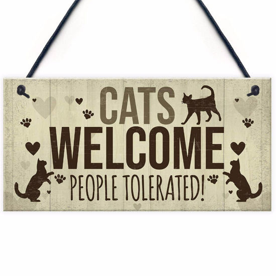 Picture of Wood Christmas Hanging Decoration Beige Rectangle Cat Message " Cats Welcome People Tolerated " 20cm x 10cm, 1 Piece