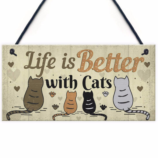 Bild von Holz Weihnachten Hänge Dekoration Beige Rechteck Katze Message " Life Is Better With Cats " 20cm x 10cm, 1 Stück