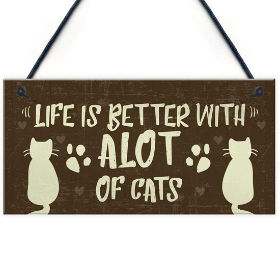 Picture of Wood Christmas Hanging Decoration Dark Brown Rectangle Cat Message " Life Is Better With A Lot Of Cats " 20cm x 10cm, 1 Piece