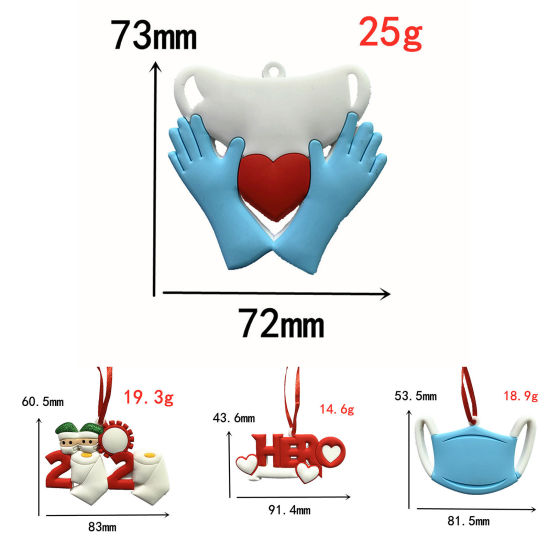 Picture of PVC Christmas Hanging Decoration Multicolor Family of 2 Wear Mask Message " 2020 " 8.3cm x 6.1cm, 1 Piece