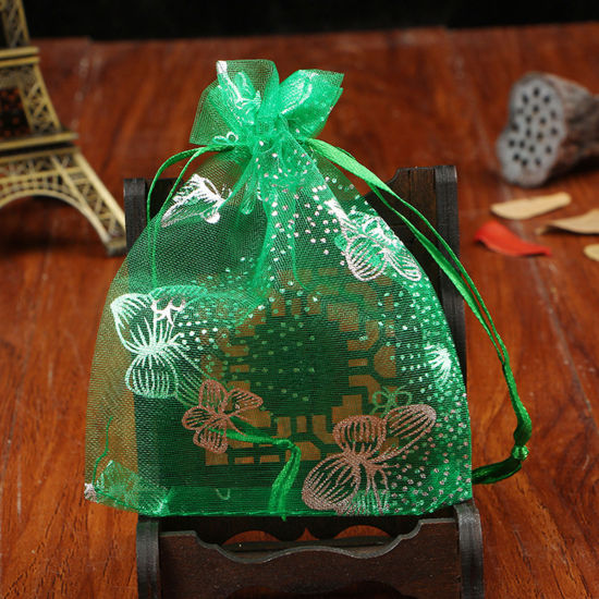 Picture of Wedding Gift Organza Drawstring Bags Grass Green Butterfly 16cm x11cm(6 2/8" x4 3/8"), 20 PCs