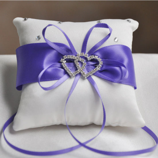 Изображение Polyester Wedding Ring Bearer Pillow Square Purple Heart Clear Rhinestone 20cm x 20cm , 1 Piece