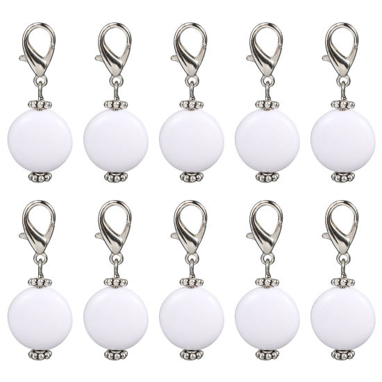 Picture of Zinc Based Alloy & Acrylic Knitting Stitch Markers Antique Silver Color White Round 40mm x 16mm, 10 PCs