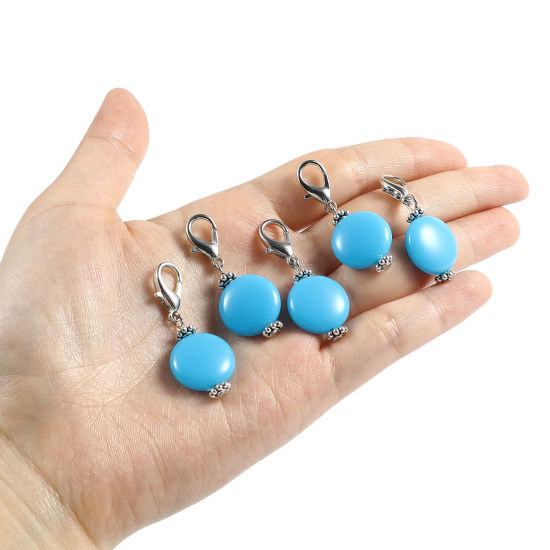 Picture of Zinc Based Alloy & Acrylic Knitting Stitch Markers Antique Silver Color Blue Round 40mm x 16mm, 10 PCs