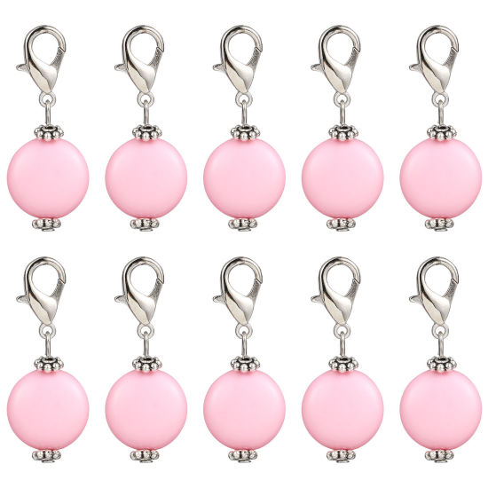 Picture of Zinc Based Alloy & Acrylic Knitting Stitch Markers Antique Silver Color Pink Round 40mm x 16mm, 10 PCs