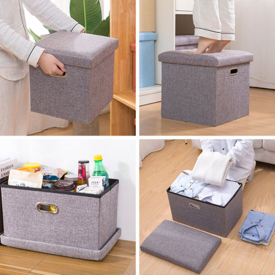 Изображение Gray - Multifunction Folding Fabric Container Storage Stool Can Sit Box Household with Handle 40x25x25cm, 1 Piece