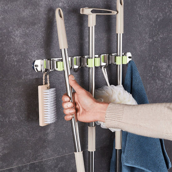 Picture of Gray - 304 Stainless Steel 2 In 1 Punched Paste Wall Mounted Broom Holder Heavy Duty Practical Clip Mop Organizer 9cm, 1 Piece