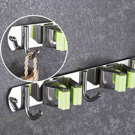 Bild von Grau - 304 Edelstahl 2 In 1 Lochpaste Wandmontierter Besenhalter Hochleistungs-praktischer Clip Mop Organizer 9 cm, 1 Stück
