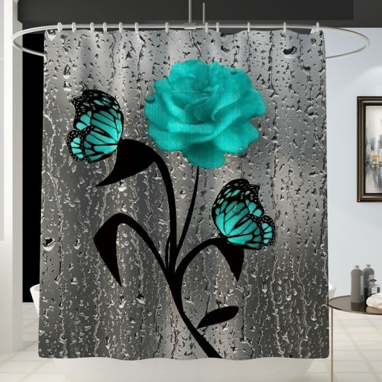 緑-ローズバタフライバスルーム耐久性ある防水シャワーカーテン180x180cm の画像