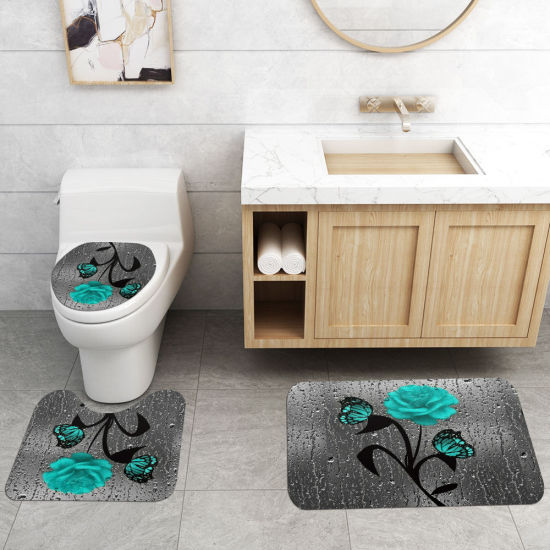 Picture of Green - Rose Butterfly Bathroom Durable Waterproof Rug Lid Toilet Cover Bath Mat Rugs 3 Piece Set