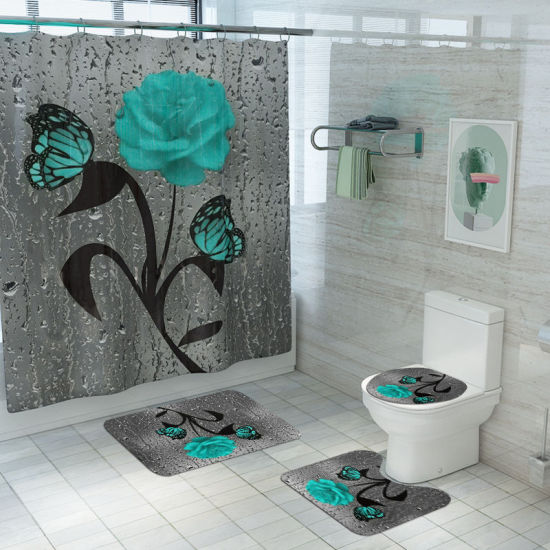 Picture of Green - Rose Butterfly Bathroom Durable Waterproof Shower Curtain Rug Lid Toilet Cover Bath Mat Rugs 4 Piece Set