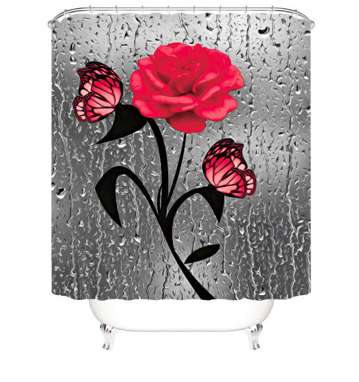 Picture of Red - Rose Butterfly Bathroom Durable Waterproof Shower Curtain 180x180cm