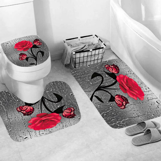 赤-ローズバタフライバスルーム耐久性ある防水ラグふたトイレカバーバスマットラグ3個セット の画像