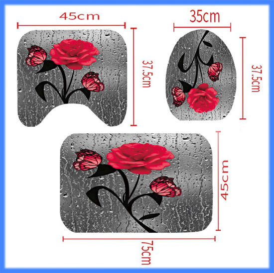 Picture of Red - Rose Butterfly Bathroom Durable Waterproof Rug Lid Toilet Cover Bath Mat Rugs 3 Piece Set