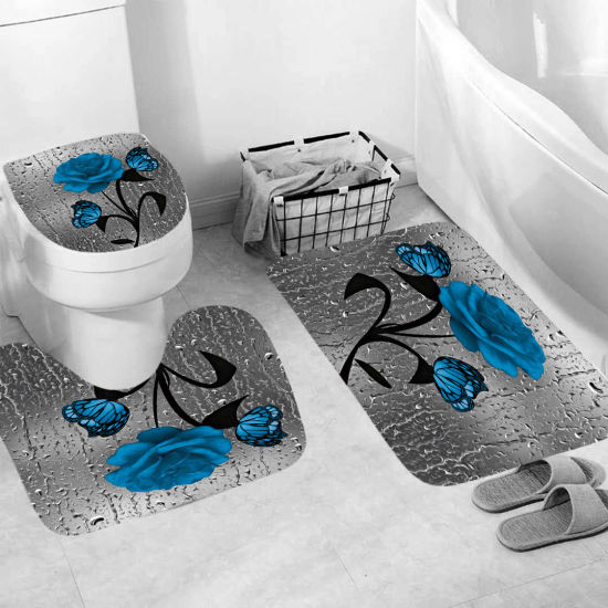 Picture of Blue - Rose Butterfly Bathroom Durable Waterproof Rug Lid Toilet Cover Bath Mat Rugs 3 Piece Set