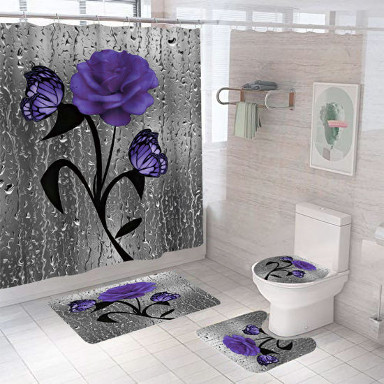 Picture of Purple - Rose Butterfly Bathroom Durable Waterproof Shower Curtain Rug Lid Toilet Cover Bath Mat Rugs 4 Piece Set