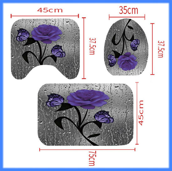 Picture of Purple - Rose Butterfly Bathroom Durable Waterproof Shower Curtain Rug Lid Toilet Cover Bath Mat Rugs 4 Piece Set