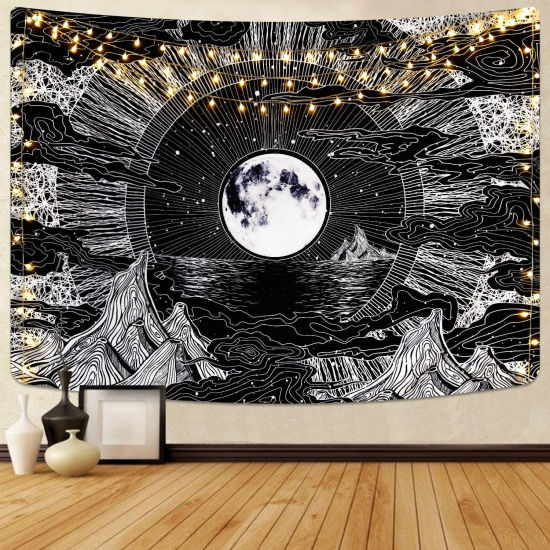 Bild von Schwarz - Mond Sterne Berg Wolke Wandteppich Schlafzimmer Dekoration Landschaft Hintergrund hängenTuch 200x150cm, 1 Stück