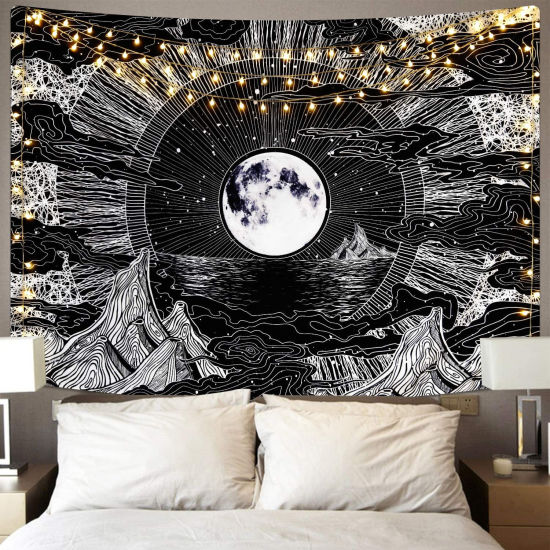 Bild von Schwarz - Mond Sterne Berg Wolke Wandteppich Schlafzimmer Dekoration Landschaft Hintergrund hängenTuch 230x180cm, 1 Stück