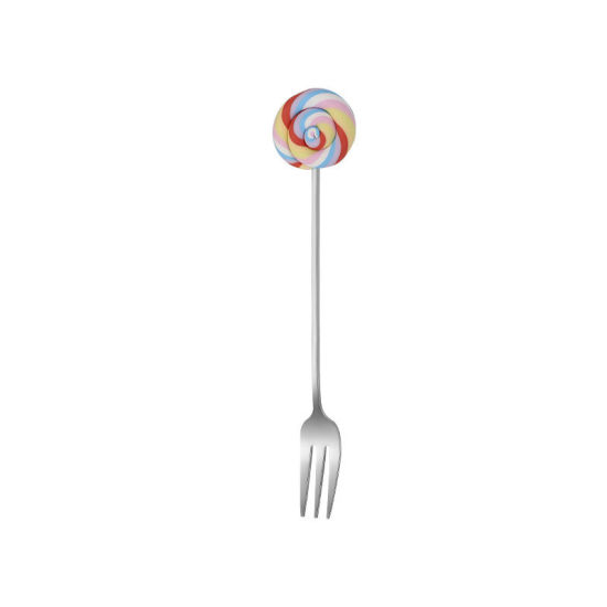 Picture of Multicolor - Silver Tone Creative Cute Lollipop 304 Stainless Steel Fruit Fork 14.6x1.5cm, 1 Piece