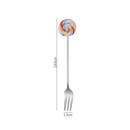 Picture of Multicolor - Silver Tone Creative Cute Lollipop 304 Stainless Steel Fruit Fork 14.6x1.5cm, 1 Piece