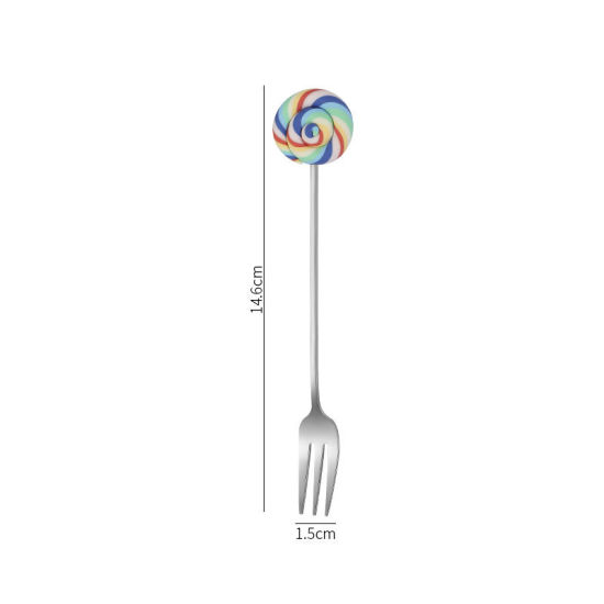 Picture of Multicolor - Silver Tone Creative Cute Lollipop 304 Stainless Steel Fruit Fork 14.6x1.5cm, 1 Piece