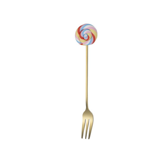 Picture of Multicolor - Gold Plated Creative Cute Lollipop 304 Stainless Steel Fruit Fork 14.6x1.5cm, 1 Piece