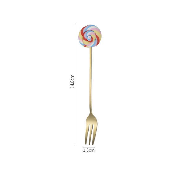 Picture of Multicolor - Gold Plated Creative Cute Lollipop 304 Stainless Steel Fruit Fork 14.6x1.5cm, 1 Piece