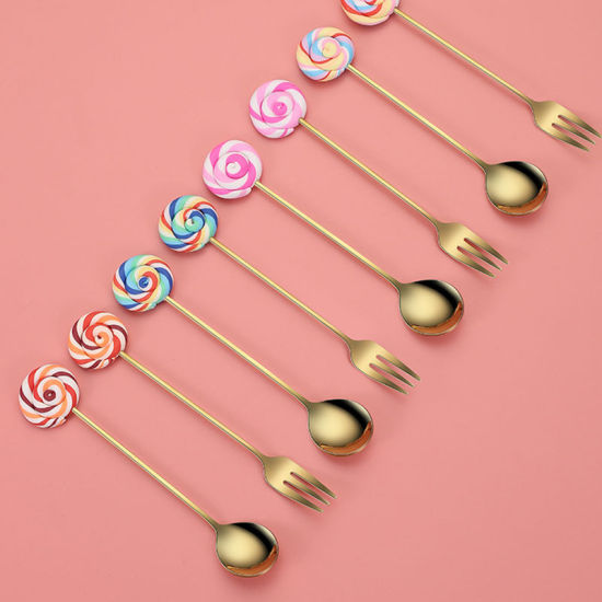 Picture of Multicolor - Gold Plated Creative Cute Lollipop 304 Stainless Steel Fruit Fork 14.6x1.5cm, 1 Piece