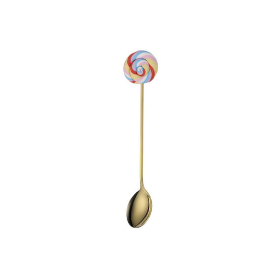 Picture of Multicolor - Gold Plated Creative Cute Lollipop 304 Stainless Steel Dessert Spoon 14x2.5cm, 1 Piece