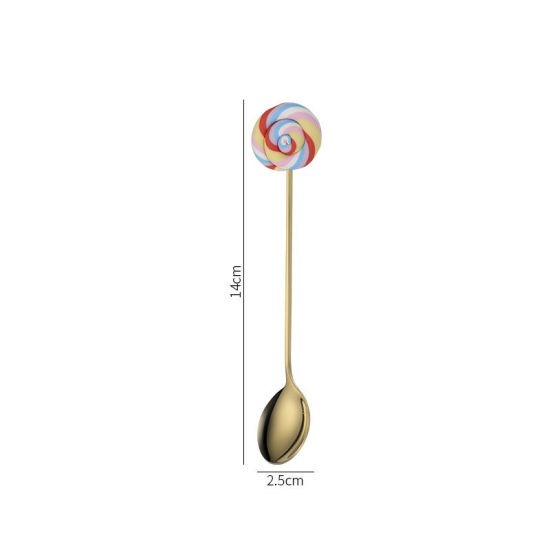 Picture of Multicolor - Gold Plated Creative Cute Lollipop 304 Stainless Steel Dessert Spoon 14x2.5cm, 1 Piece