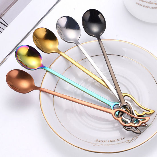 Picture of Silver Tone - Creative Feather Wing 304 Stainless Steel Dessert Spoon 15x2.5cm, 1 Piece