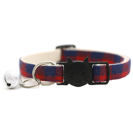 Picture of Red - Pet Cat Collar Safety Breakaway Buckle Plaid with Bell Adjustable Suitable Kitten Puppy Supplies 19cm-32cm, 1 Piece