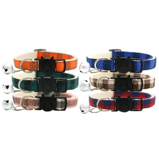 Picture of Red - Pet Cat Collar Safety Breakaway Buckle Plaid with Bell Adjustable Suitable Kitten Puppy Supplies 19cm-32cm, 1 Piece
