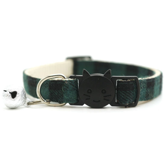 Picture of Green - Pet Cat Collar Safety Breakaway Buckle Plaid with Bell Adjustable Suitable Kitten Puppy Supplies 19cm-32cm, 1 Piece