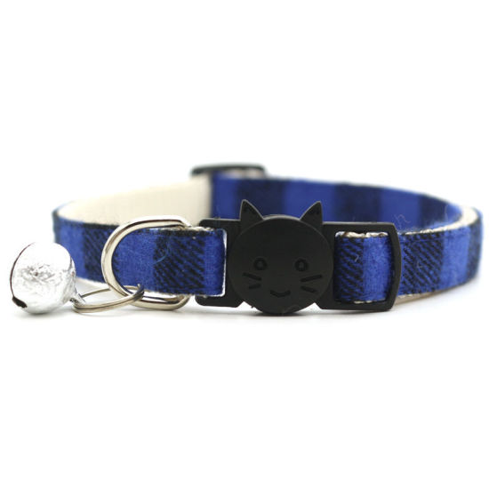 Picture of Blue - Pet Cat Collar Safety Breakaway Buckle Plaid with Bell Adjustable Suitable Kitten Puppy Supplies 19cm-32cm, 1 Piece